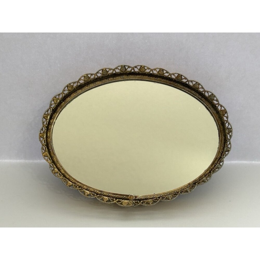 Vintage Oval Filigree Dresser Vanity Mirror Hollywood Regency 7 1/4 inX5 1/2 in - Picture 7 of 8